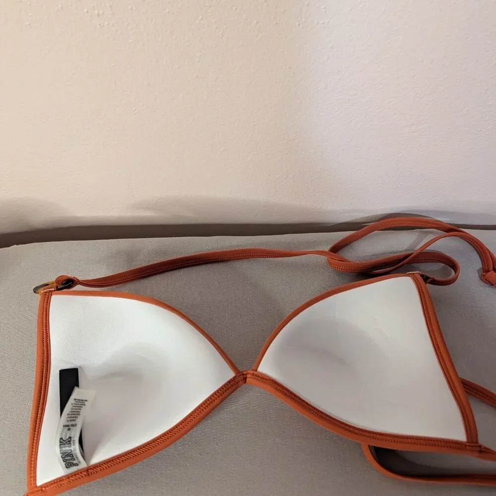 ⭐VS PINK Medium Padded Halter Swim Top Apple Cinnamon Orange Bra Ring Accents⭐ - Picture 7 of 9